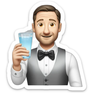 tim robinson dark black slicked back hair white long sleeve shirt with a light grey vest pouring water on a steak sticker
