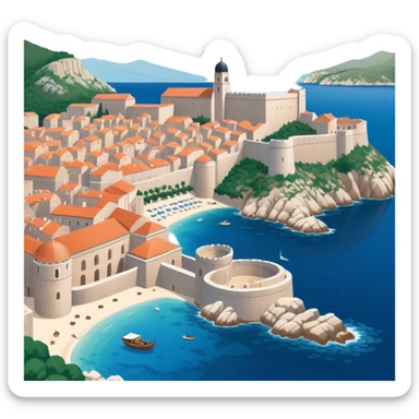 Cinematic Realistic Dubrovnik Landmark Emoji, showcasing the historic walled city with its terracotta rooftops, stone fortifications, and the deep blue Adriatic Sea stretching beyond. sticker
