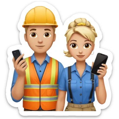 White male construction electrician and pretty blond office hair stylist with a bun holding phone sticker