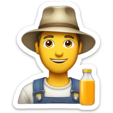 male farmer with hat and juice bottle sticker