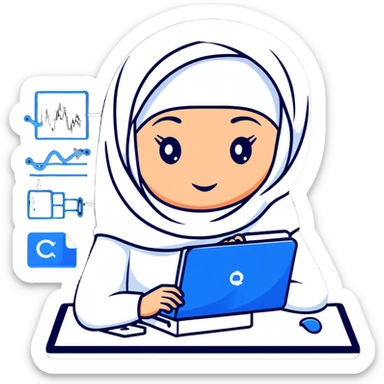 computer science woman with white hijab in blue outfit, with floating code elements, programming syntax, algorithms visualization, database schemas, software design patterns, command line interfaces, binary trees, and computational formulas surrounding her sticker