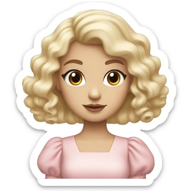 Blonde, pale girl with bangs and long, curly hair and a pastel pink puff sleeve dress sticker