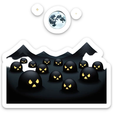 dark and eerie scene, the entire world covered in darkness. The sky is deep black with no stars or light, no moon, no glow just total void and silence. The atmosphere feels ominous and unsettling, as if darkness has swallowed everything. No characters, no visible light sources sticker