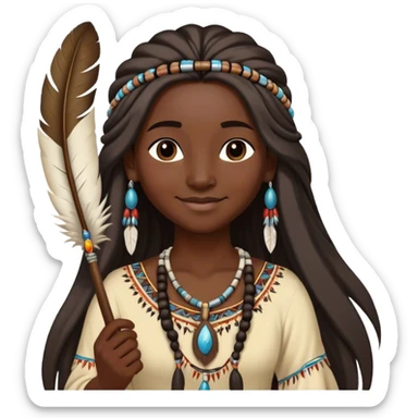 Cinematic Realistic Pocahontas Portrait, depicted with lifelike skin texture, soft natural lighting, and intricately detailed long, flowing raven-black hair that moves gracefully in the wind. Her deep, soulful dark brown eyes exude wisdom and strength, complemented by a serene yet powerful expression. She is shown gently holding a feather in one hand, her other hand resting lightly at her side, embodying the harmonious balance between nature and herself. She is dressed in her classic one-shoulder native American dress, with rich fabric textures and delicate beaded details that catch the light beautifully. The portrait features a soft, sun-kissed glow with a natural, radiant finish, capturing the essence of untamed beauty and deep connection to nature in a realistic and painterly style, evoking a sense of depth and authenticity. sticker