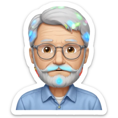 old man with long hair and beard wearing glasses with shirt sticker