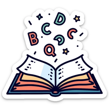 Literacy app icon with open book and alphabet letters floating above it sticker