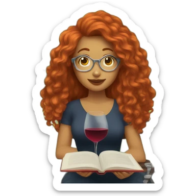 woman with long curly red hair reading a book with a glass of wine in a park sticker