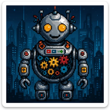 Add a futuristic city background, keep the robot with gears and data streams as the main subject, maintain pixel art style sticker