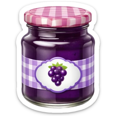 small glass jar filled with vibrant purple jam, thick texture with air bubbles and fruit bits, gingham-patterned lid, small blank label, 3D, clean, soft lighting, glass reflections, soft shadows, no anthropomorphic features, transparent background, emoji scale sticker
