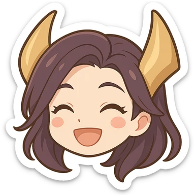 Create a chibi style emote of Kaisa from League of Legends showing a happy expression, only the head is visible. This is alternate happy expression 3 with a transparent background. sticker