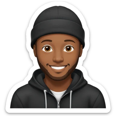 African yound man in his late 20s with a beanie and a bright smile with a short boxed beard, and a low cut hair, black hoody sticker