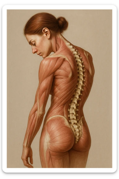 CORPO UMANO ANATOMICO di una donna di profilo con spalle chiuse e postura incurvata, spina dorsale in evidenza, IPERREALISTICO 4K sticker
