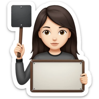 Fair skin long dark brown hair Rock n roll girl holding a large blank sign sticker