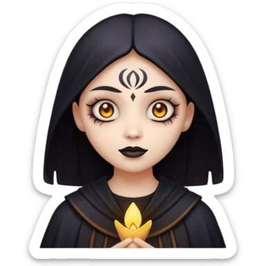 Stylized cult cartoon girl emoji, eerie-cute aesthetic, symmetrical design, subtle spooky vibe, glowing eyes, chanting “AMILK”, bold graphic icon sticker