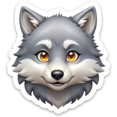 Cinematic Cute Wolf Portrait Emoji, Head tilted playfully and inquisitively, featuring a lustrous grey and white Fur with a wild, natural sheen, round, sparkling eyes filled with curious mischief, Simplified yet irresistibly adorable features, highly detailed, glowing with a warm, friendly glow, high shine, affectionate yet spirited, stylized with a touch of wilderness whimsy, bright and endearing, soft glowing outline, capturing the essence of a mischievous yet loving wolf, so playful it feels like it could bound out of the screen and into your arms! sticker