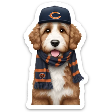 Bernedoodle with chicago bears hat and scarf sticker