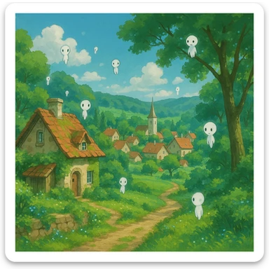 peaceful village with lush greenery and floating spirits, ghibli style sticker