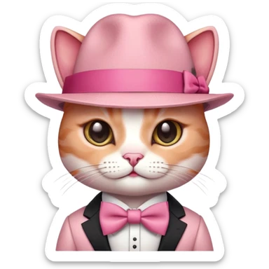 cute pink cat mafia boss with fedora hat and bow tie sticker