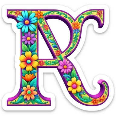 3D, gothic style psychedelic colored capital Letter “L” with hippie style flower border sticker