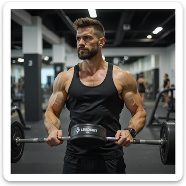 Uomo che si allena in palestra, esegue panca piana con bilanciere, abbigliamento sportivo, fisico atletico, atmosfera motivazionale, dettagli iperrealistici 4K, ambiente moderno da palestra. sticker