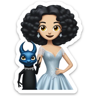 relaxed low-cut back silky black evening ball gown with lace gloves, Jenna Ortega as Addams woman wearing a mini diamond tiara, very large blood blue cute horned old dragon hand puppet sticker