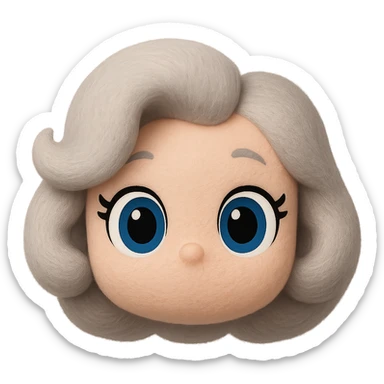 Make the hair slightly more voluminous and add cartoon-style eyes, keep soft fleece texture, pure silver grey hair, 1940s bob, cute plush-style eyelashes, vibrant blue eyes, no neck, no body, no mouth, no white border, transparent background. The style should be soft fleece texture with a cute plush look. sticker