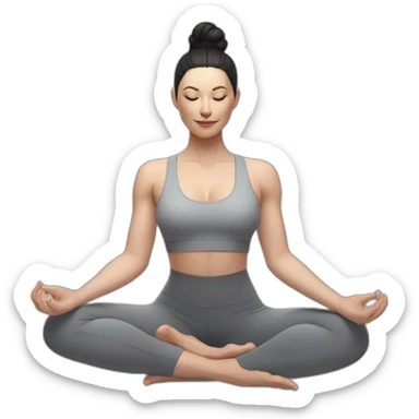 Pale skinned fit woman In a gray tight yoga suit and wristbands With black hair in a bun doing yoga sticker