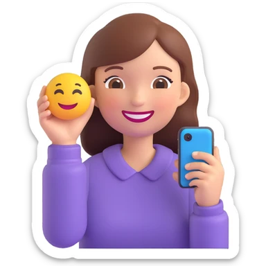 girl holding a smartphone, smiling, emoji style sticker