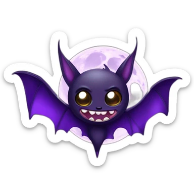 purple and black evil face vampire bat anime sparkle eyes wings flying in front of large dripping crescent moon sticker