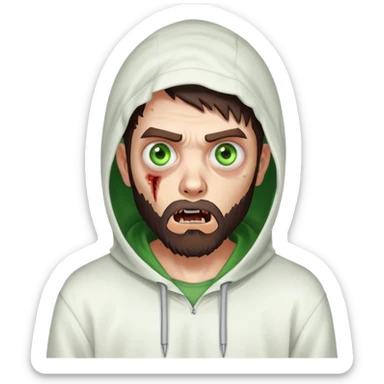 zombie with shocked expression, undercut hairstyle with dark brown hair, short full beard, heterochromia with one green eye and one brown eye, wearing plain white hoodie sticker