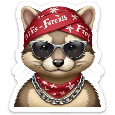 gangster-style animal duo featuring a tough-looking ferret and a wildcat rocking shades, bandanas, and chains. They’ve got serious street cred and attitude, with the bold name ‘FERREALS’ stamped below like a crew name. It’s like the animal kingdom’s version of a hip-hop duo or biker gang sticker