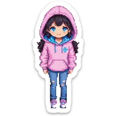 cute girl in a pink hoodie and blue jeans, pixel art style sticker