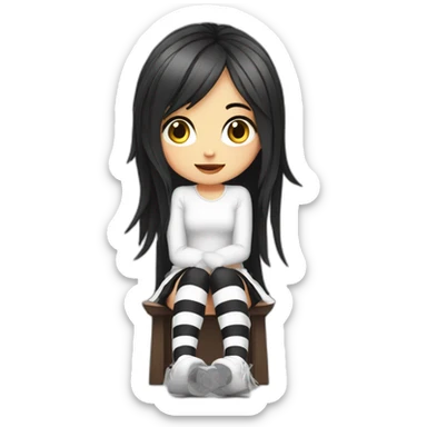 Frontal view curvy emo girl sits white skirt striped stockings hands up sticker