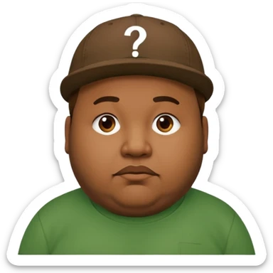 fat man with brown cap and green t shirt printeed a question mark sticker