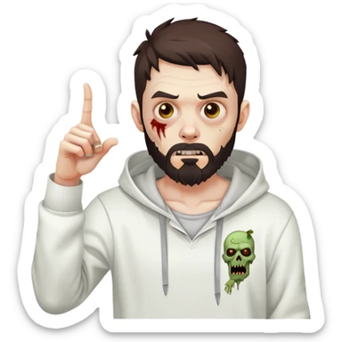 zombie pointing finger, undercut hairstyle with dark brown hair, short full beard, wearing plain white hoodie sticker
