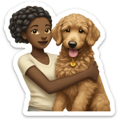 black girl with braids holding a golden doodle puppy sticker