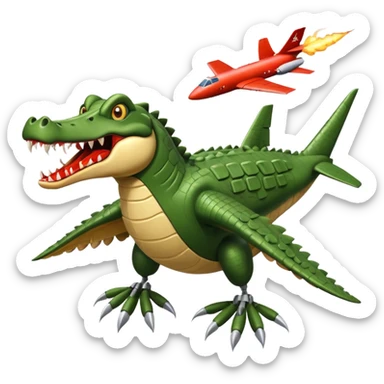 crocodile head with a terrifying mouth merged with a military bomber body, arms as airplane wings with rockets, legs as massive chicken legs like a hut on chicken legs, moving with a roar, trail of destruction sticker