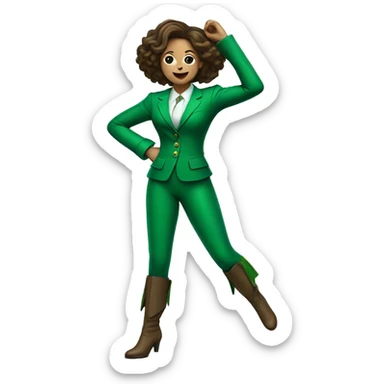 Woman with brown hair in green suit with green leather boots with rose on stomach gently dancing sticker