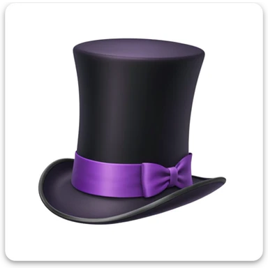 3D apple-style emoji of a tall vintage top hat, simplified shapes, cartoon-like look, glossy finish, soft shadows, white background, tall black hat with wide brim, purple and black checkered ribbon with a red stripe sticker