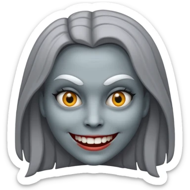 woman with gray skin and white blank eyes and a scary smile sticker