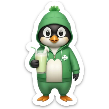 full body friendly anthropomorphised penguin wearing green mafia-style tracksuit, angry intense brooding posture, holding glass of milk, shamrock accessory sticker
