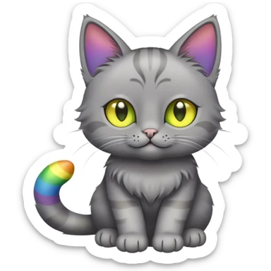 Grey cat with greenish yellow eyes holding a rainbow on paws sticker