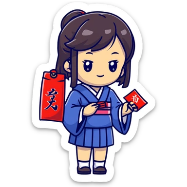Cute Japanese high school girl buying omamori charm at shrine during school trip sticker