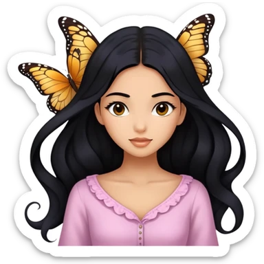 Gadis cantik dengan rambut panjang gaya kupu-kupu dan rambut hitam, berkulit kuning langsat, berwajah cantik & manis, serta memakai pakaian feminim sticker