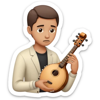 sad musician looking up with a thoughtful expression, holding an instrument sticker