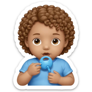 A baby with light brown skin, soft curly light-brown hair, wide brown eyes, and a blue pacifier.  sticker