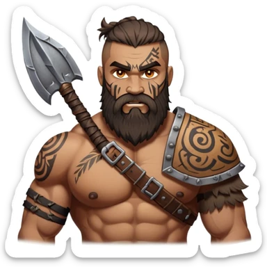 Clash of Clans aesthetic: Cinematic Rugged Barbarian Portrait Emoji, Intense and formidable with a heavily muscled physique, a rugged beard, piercing eyes, and battle-worn armor adorned with tribal markings, his face showcasing a realistic tan skin tone, Simplified yet powerfully detailed features, highly detailed, glowing with a deep, primal energy, high shine, gritty and uncompromising, stylized with an air of raw, untamed power, focused and determined, soft glowing outline, capturing the essence of a barbarian warrior carved by countless battles and poised to lead his clan into epic conflict! sticker
