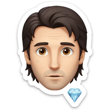 Handsome white man with big brown eyes long nose and dark brown messy hair cover his forhead and hair coming in eyes diamond facecut sticker