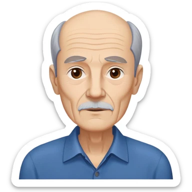 Elderly thin man with light skin. Narrow face with visible cheekbones and jawline. Signs of aging with some wrinkles. Expressive dark brown eyes, thick eyebrows. Short brown hair with receding hairline. Untidy brown beard with some gray strands. Wearing a dark blue shirt. sticker