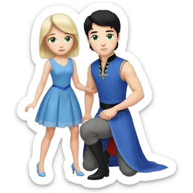 prince, black hair, blue eyes, blue garment,  Woman, blonde Hair, green eyes, bending knee, sleveless white dress, sticker